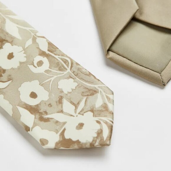 NEW H&M Men's 2-pack Satin Ties Light khaki green/floral - Picture 2 of 3